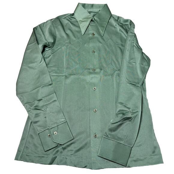 Vtg 70s Men’s Arnel Nylon Dress Shirt Long Sleeves Button Up Green Size M NWOT - Picture 5 of 7